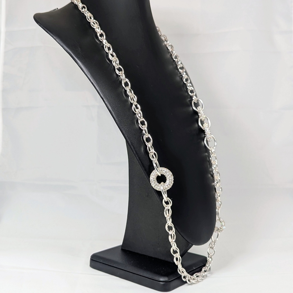 Long Silver Pave Interlocking Ring Station Necklace Sparkle Statement Jewelry
